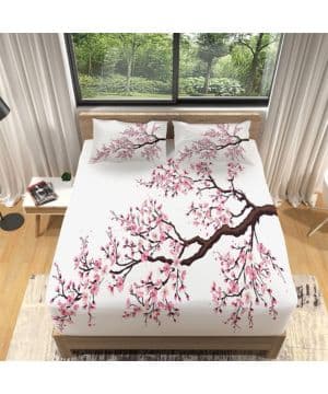 Sabanas Bajeras 140x200 Pintura de Tinta de Flores de Cerezo Microfibra Impresión 3D Sábana Ajustable con Funda de Almohada - Elástico en el Borde Bolsillo de 30