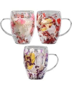 350ml 3piezas Tazas De Café De Vidrio De Doble Pared Con Flores Secas - Taza De Café De Vidrio Con Flores Seca