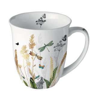 Ambiente Taza de té, taza de café, 0,4 l, diseño de flores ornamentales, pastos, prado, hueso fino, porcelana