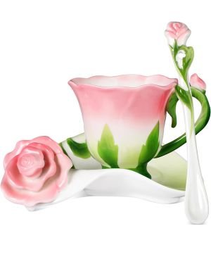 Dandat Juego de tazas de té y platillos de cerámica con cuchara, taza en forma de flor de rosa y salsa