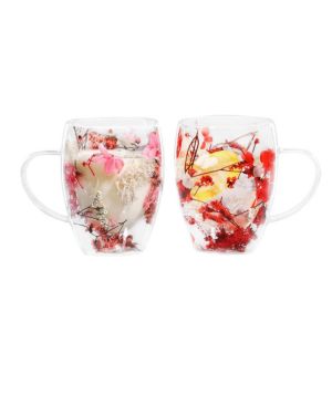 Juego de 2 vasos para latte macchiato con flores secas, 350 ml, vasos de doble pared, vasos térmicos de doble pared