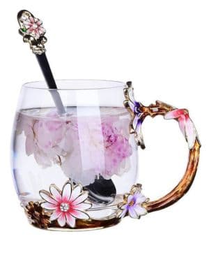 Taza de Café Vidrio de Cristal Esmalte de Flores y Mariposa con cuchara Tazas de té Regalos