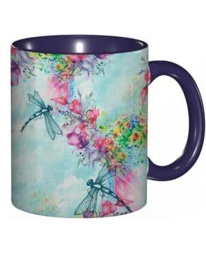 Taza de cerámica acuarela flores libélula granja tazas de café grandes 330ml con asa 100_ pintado a mano vasos con mango