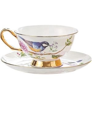 fanquare Estilo Vintage Juego de Taza de Té y Plato de Porcelana con Pájaro y Flores,Taza de Café y Platillo de 200ml