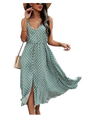 BROVAVE Vestido de verano para mujer, casual, bohemio, con lunares, tirantes delgados, cuello en V