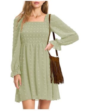 EXLURA Vestido corto de cóctel de manga larga para mujer, de verano, de punto suizo, fruncido, con volantes