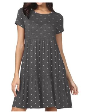 PrinStory Vestido de verano para mujer, cuello redondo, falda plisada, manga corta, vestido de playa, cintura alta