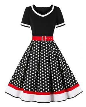Rockabilly - Vestido vintage de los años 50 para mujer, manga corta, cuello de pico, lunares, oscilante