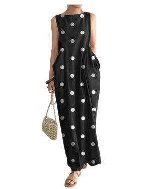 Vestido largo de verano para mujer, sin mangas, talla grande, estampado de lunares, cuello redondo