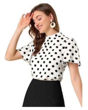 Allegra K Blusa Corta Manga Acampanada Ojo De Cerradura En La Espalda Plisado Cuello Alto Lunares Top