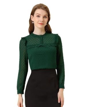Allegra K Blusa De Gasa para Mujer, Elegante, De Manga Larga, con Volantes, Lunares Suizos