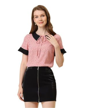 Allegra K Blusa de Lunares de Manga Corta con Cuello Peter Pan en Contraste Vintage para Mujer