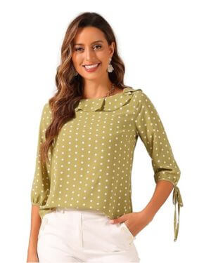 Allegra K Blusa de Lunares de Verano de Media Manga con Cuello con Volantes para Mujer
