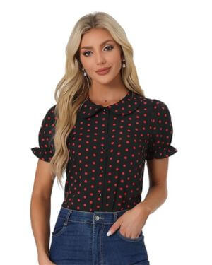 Allegra K Camisa Vintage con Botones Y Cuello Peter Pan con Volantes Y Lunares para Mujer