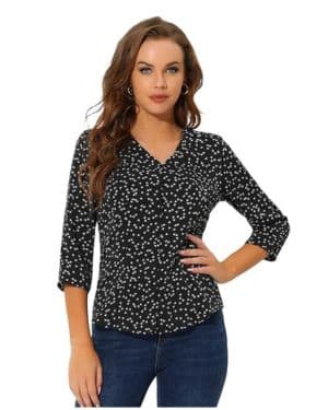 Allegra K Camisa de trabajo vintage con cuello en V y manga 3 4 con botones frontales para mujer
