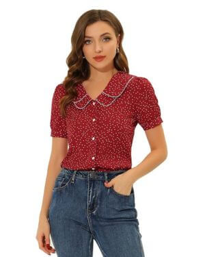 Allegra K Camiseta De Manga Corta con Cuello Peter Pan Y Lunares Vintage para Mujer