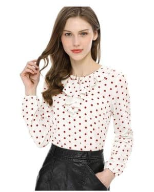 Allegra K Día de San Patricio Blusa Elegante De Manga Larga con Cuello De Volantes Y Lunares Vintage para Mujer