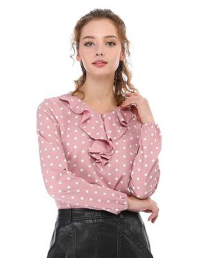 Allegra K Día de San Patricio Blusa Elegante De Manga Larga con Cuello De Volantes Y Lunares Vintage para Mujer