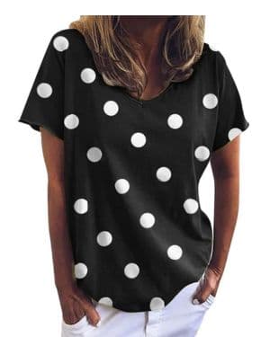 Blusa Informal Suelta de Lunares para Mujer, Camiseta de Manga Corta con Cuello en V