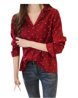 Blusa para mujer, elegante, con lunares, manga informal, cuello vuelto, informal, con botones