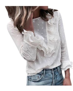 Camisa Elegante Mujer Volantes Camiseta Casual de Lunares con Cuello en O