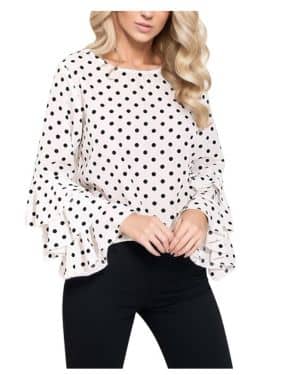 Camisas para mujer, elegante blusa de lunares con volantes, cuello redondo, manga larga, casual, primavera