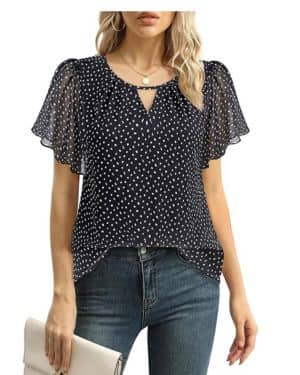 Gaharu Blusa elegante de manga corta para mujer, estilo túnica de verano, informal, cuello redondo, manga con volantes