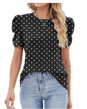 IECCP Blusa Mujer Verano Camisetas Puff Encaje Manga Corta 2025 Cuello Redondo Camiseta Elegante