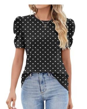 IECCP Blusa Mujer Verano Camisetas Puff Encaje Manga Corta 2025 Verano Tops Mujer Cuello Redondo