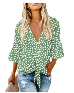 Kancystore Blusa casual de gasa con botones y nudo frontal para mujer, con mangas 3 4, con nudo en V
