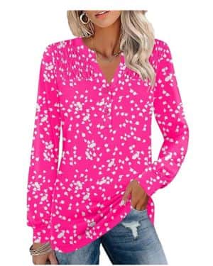 Micoson Camisas Henley con cuello en V para mujer, blusas fruncidas con botones, estilo casual, de manga larga, holgadas
