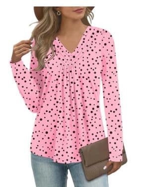 Micoson Camisas casuales de manga larga para mujer, plisadas, con botones, cuello en V, túnica para otoño de 2025