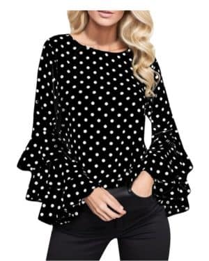 PAIDAXING Camisas para mujer, elegante blusa de lunares con volantes, cuello redondo, manga larga