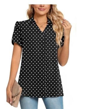 POPYOUNG Women's 2025 Summer Collared V Neck Chiffon Blouse Business Tunic Petal