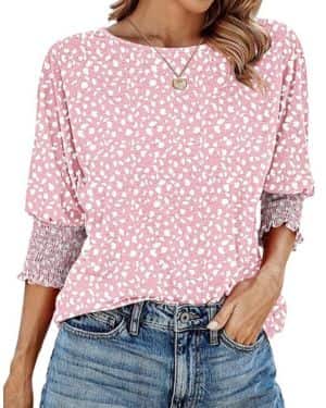 WNEEDU Blusa de manga 3 4 para mujer, cuello redondo, ajuste holgado, plisada, con volantes, para mujer