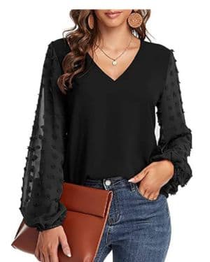 Weardear Camisa de Mujer Elegante con Cuello en V Blusas con Lunares Suizos Camisa Larga Manga Farol