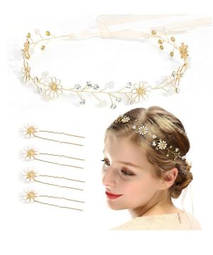 5pcs Corona Pelo Nupcial, Diadema Novia Pelo, Corona Flor Perla de Crisantemo, Diadema Corona Novia Metal Nupcial