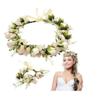 Corona de Flores para Pelo Mujer, Ajustable Diadema Flores Mujer con Bracciale de Flor, Bohemia Diadema Boda