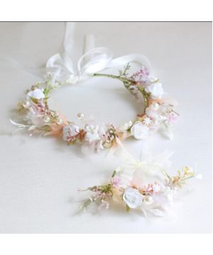 Diadema de Flores Comunion, Flower Headband Pearl Ajustable Diadema de Flor y Pulsera para Sombrero