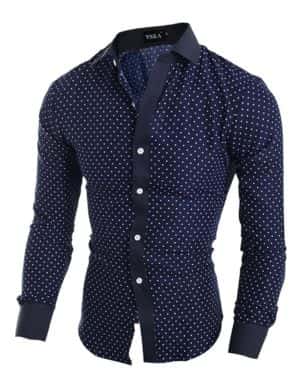 Elonglin - Camisa de manga larga para hombre, diseño de lunares, color azul marino y blanco