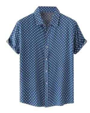 Rifuli Camisas de lino para hombre, informales, con estampado de lunares, manga corta, con botones, sin bolsillo